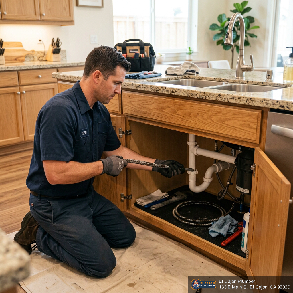 Professional plumber clearing a clogged kitchen drain with a drain snake tool in an El Cajon California home Professional plumber clearing a clogged kitchen drain with a drain snake tool in an El Cajon California home