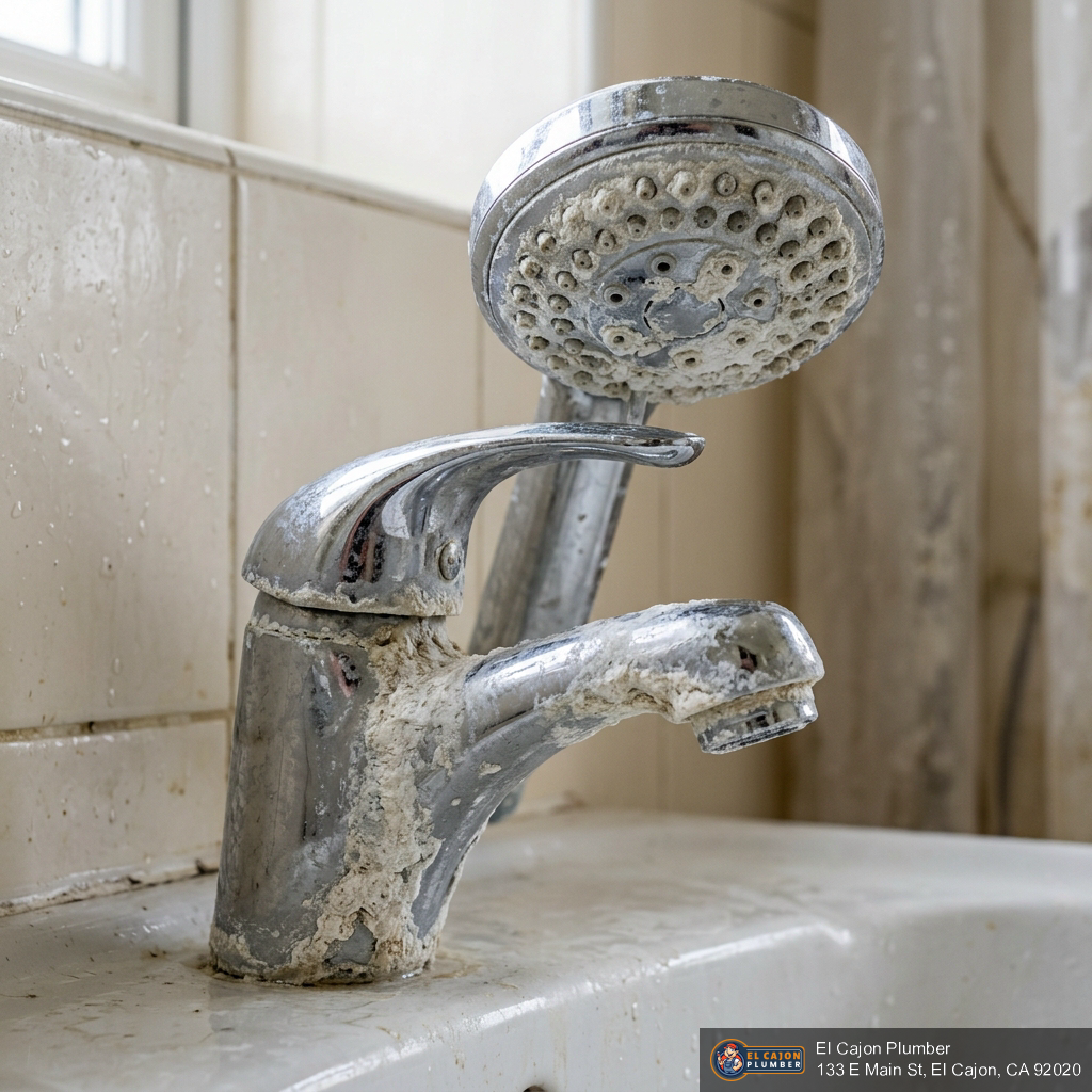 Heavy white calcium mineral deposits and hard water scale buildup on a chrome faucet in an El Cajon California home Heavy white calcium mineral deposits and hard water scale buildup on a chrome faucet in an El Cajon California home