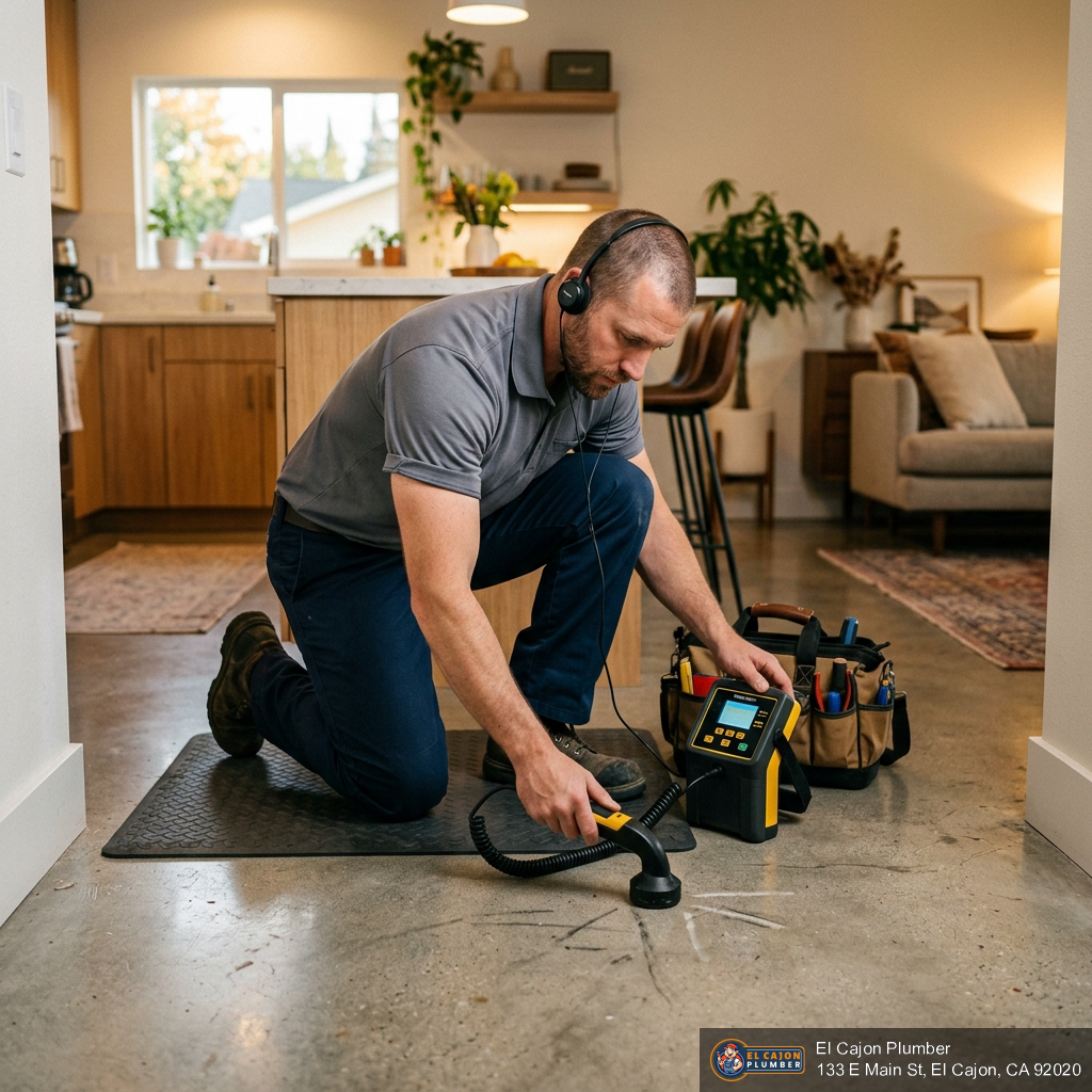 Licensed plumber using electronic leak detection equipment on a concrete slab floor inside a suburban El Cajon California home Licensed plumber using electronic leak detection equipment on a concrete slab floor inside a suburban El Cajon California home