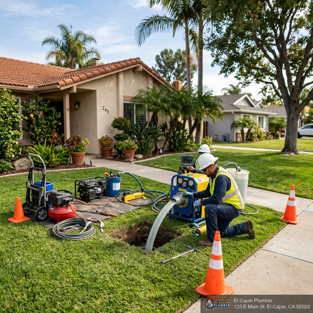 Trenchless sewer repair operation showing pipe lining equipment at a suburban El Cajon California home Trenchless sewer repair operation showing pipe lining equipment at a suburban El Cajon California home