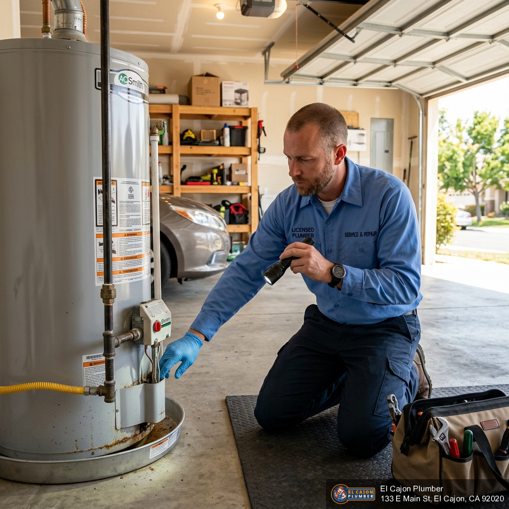 Licensed plumber inspecting a residential water heater for rust and corrosion in an El Cajon California home Licensed plumber inspecting a residential water heater for rust and corrosion in an El Cajon California home