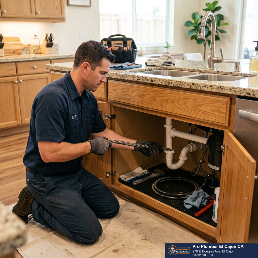 Plumber using a drain tool beneath a kitchen sink to clear a clogged drain in El Cajon Plumber using a drain tool beneath a kitchen sink to clear a clogged drain in El Cajon