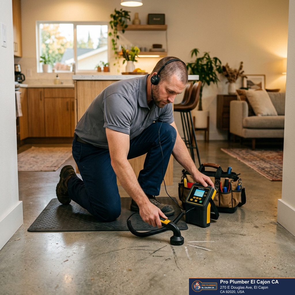 Plumber using electronic leak detection equipment on a floor for slab leak detection in El Cajon Plumber using electronic leak detection equipment on a floor for slab leak detection in El Cajon