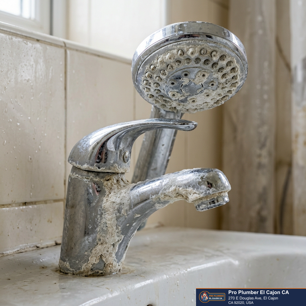 White mineral deposits on a showerhead and faucet illustrating hard water buildup in El Cajon homes White mineral deposits on a showerhead and faucet illustrating hard water buildup in El Cajon homes
