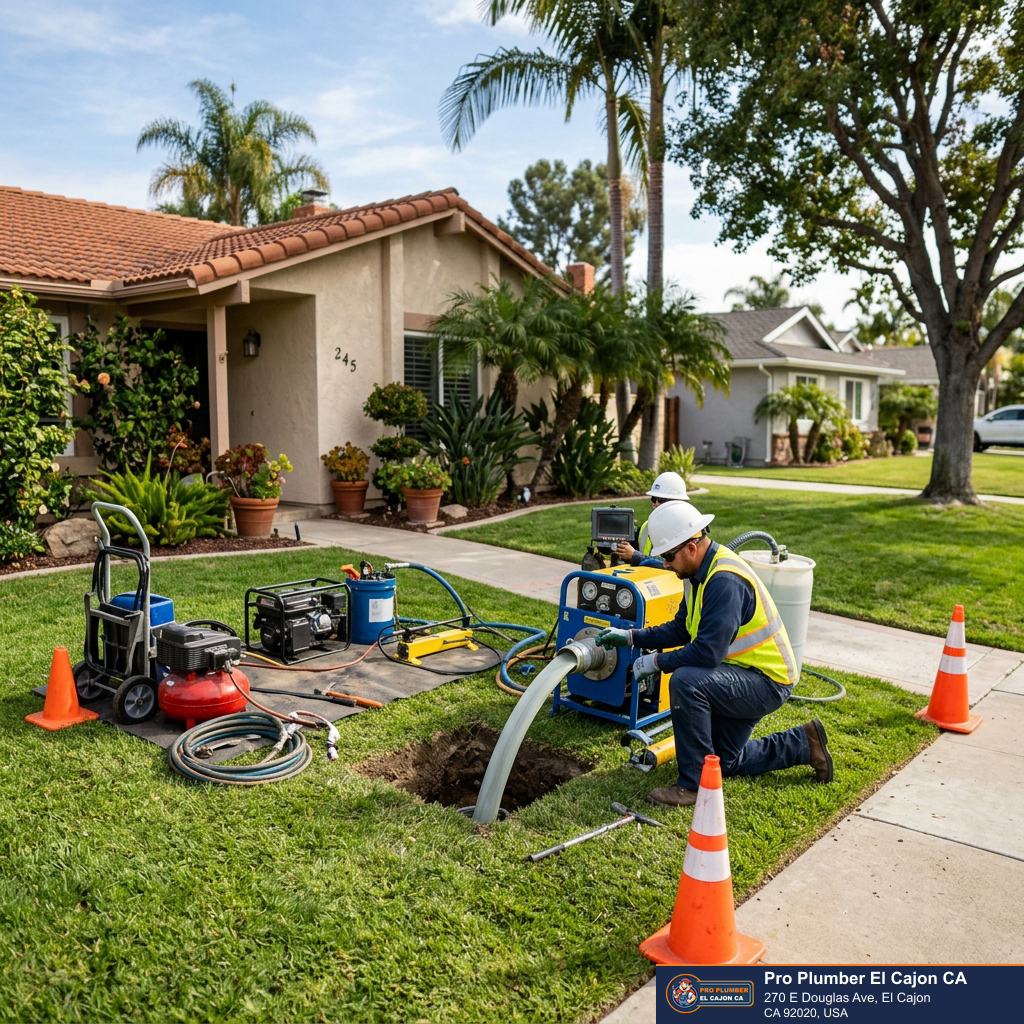 Worker using sewer repair equipment at a small residential excavation for trenchless sewer repair in El Cajon Worker using sewer repair equipment at a small residential excavation for trenchless sewer repair in El Cajon