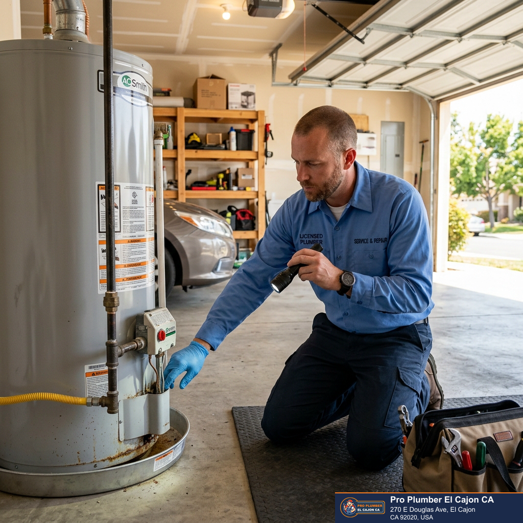 Plumber inspecting a residential tank water heater for water heater repair or replacement in El Cajon Plumber inspecting a residential tank water heater for water heater repair or replacement in El Cajon