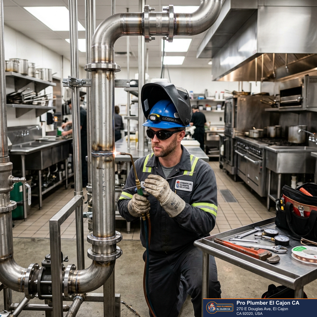 Commercial plumber inspecting industrial kitchen pipework for El Cajon plumbing service Commercial plumber inspecting industrial kitchen pipework for El Cajon plumbing service