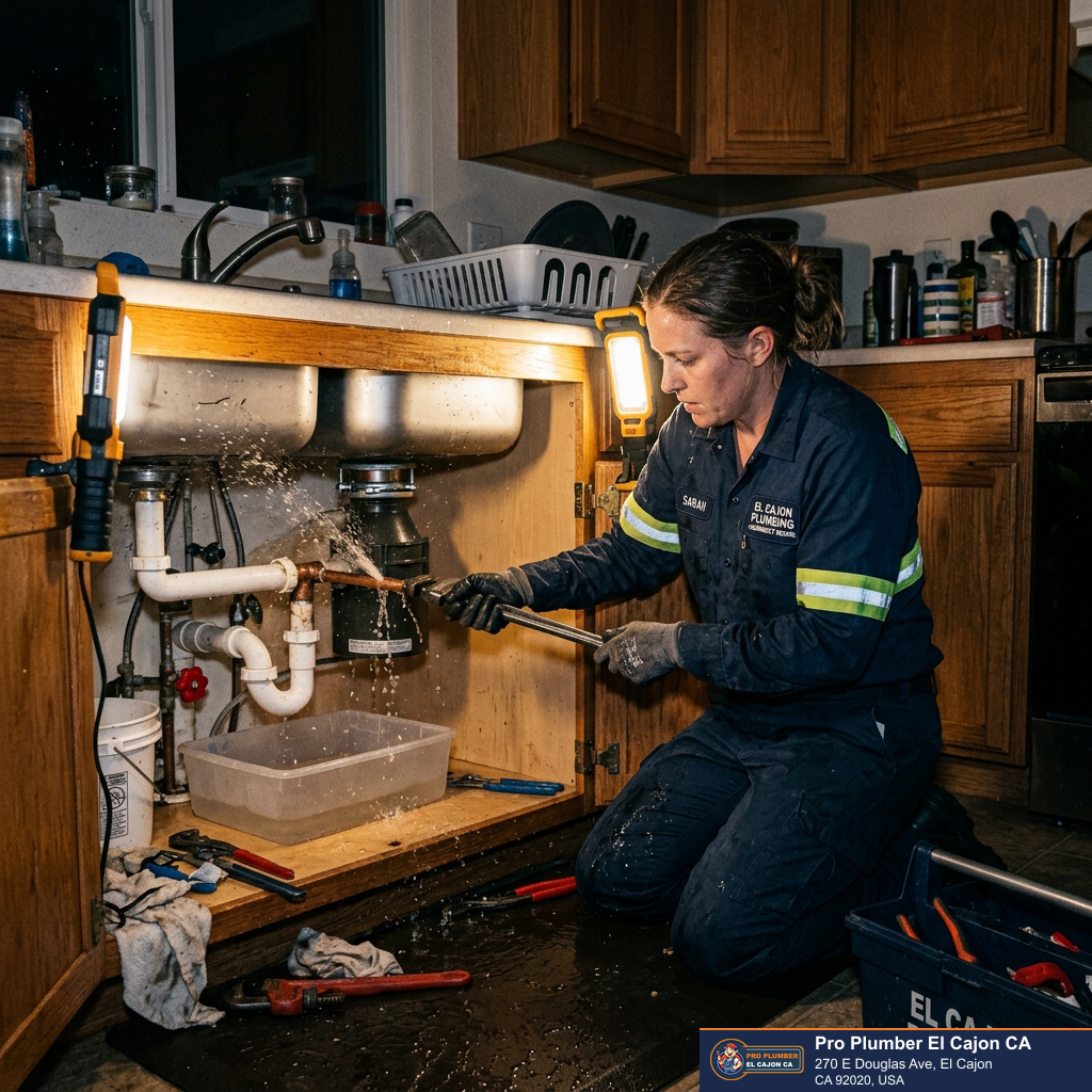 Plumber repairing a leaking pipe beneath a kitchen sink during an El Cajon plumbing emergency Plumber repairing a leaking pipe beneath a kitchen sink during an El Cajon plumbing emergency