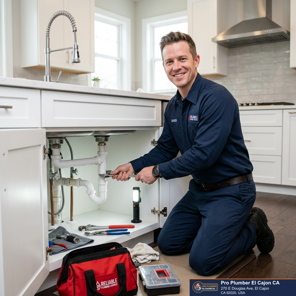 Plumber checking pipe connections beneath a kitchen sink for El Cajon plumbing service Plumber checking pipe connections beneath a kitchen sink for El Cajon plumbing service