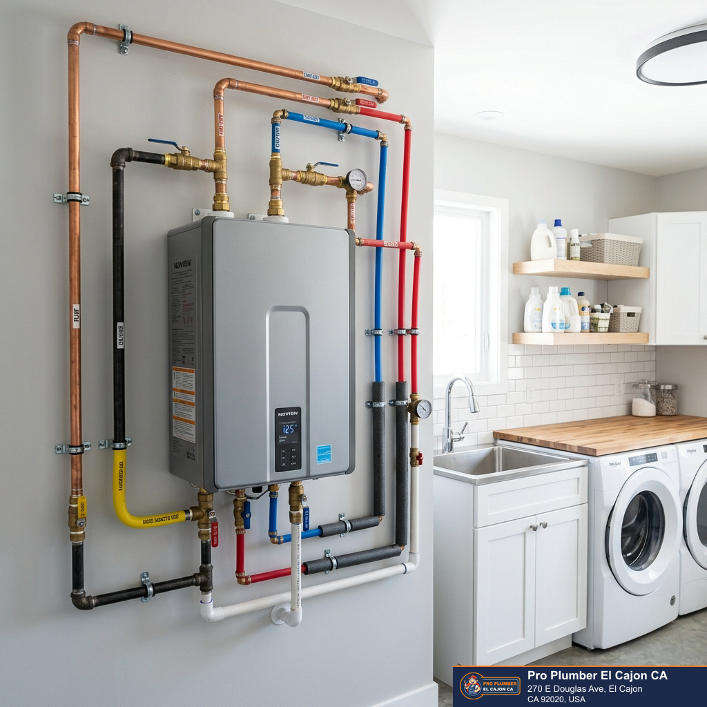 Wall-mounted tankless water heater with copper connections in a utility room for El Cajon water heater service Wall-mounted tankless water heater with copper connections in a utility room for El Cajon water heater service